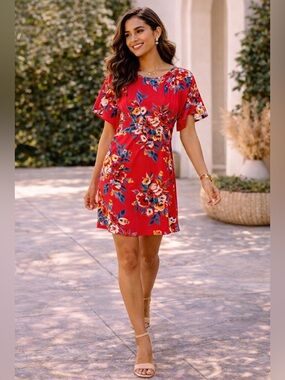 Express Red Floral Shift Dress Flutter Sleeve Casual Summer Dress